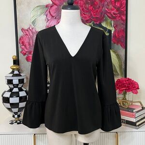 Ann Taylor Women's V-Neck Bell Long Sleeve Stretch Pullover Blouse Black Small